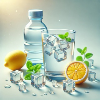 DALL·E 2024-10-16 15.09.30 - A small realistic image representing drinking more water for health. The scene shows a clear glass of water with ice cubes and lemon slices, a water b v malé velikosti